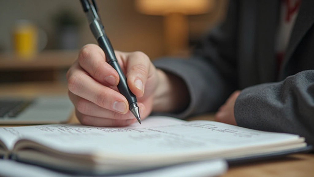 Close-up van iemand die financiële doelstellingen opschrijft in een notitieboek