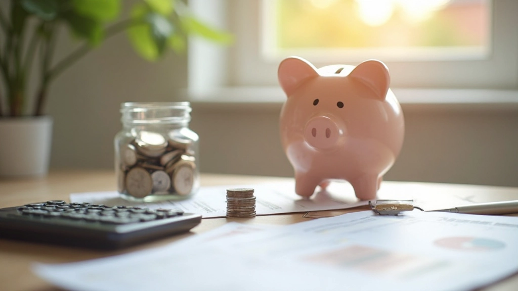 Spaarvarken en munten op een bureau met financiële grafieken