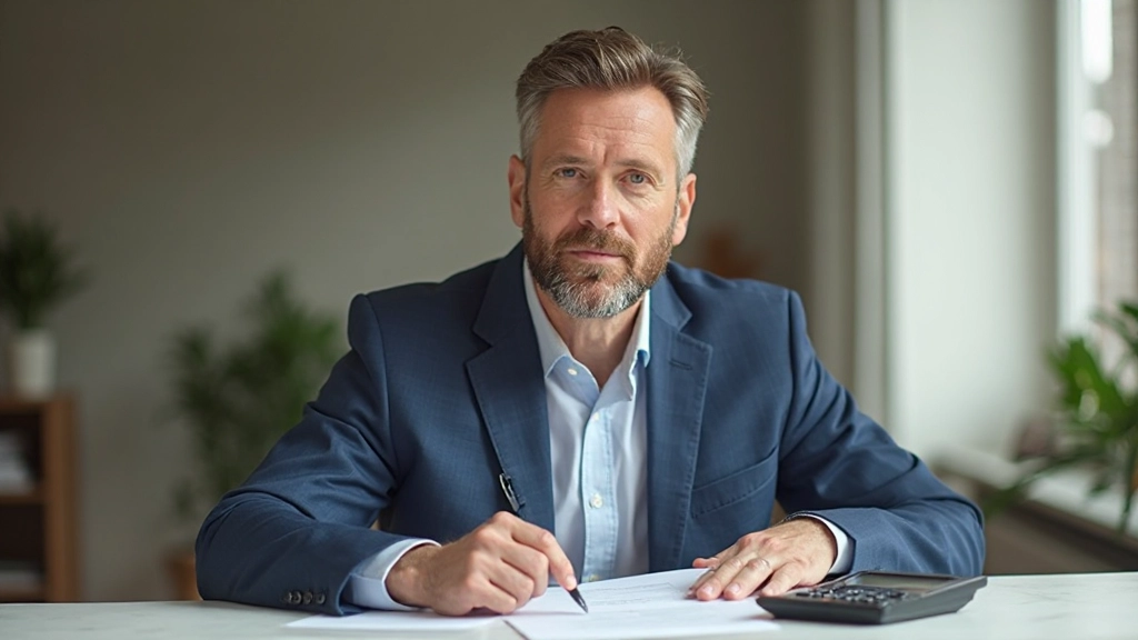 Man van 38 jaar, volledig gekleed, zitten en plannen met budget en calculator op tafel