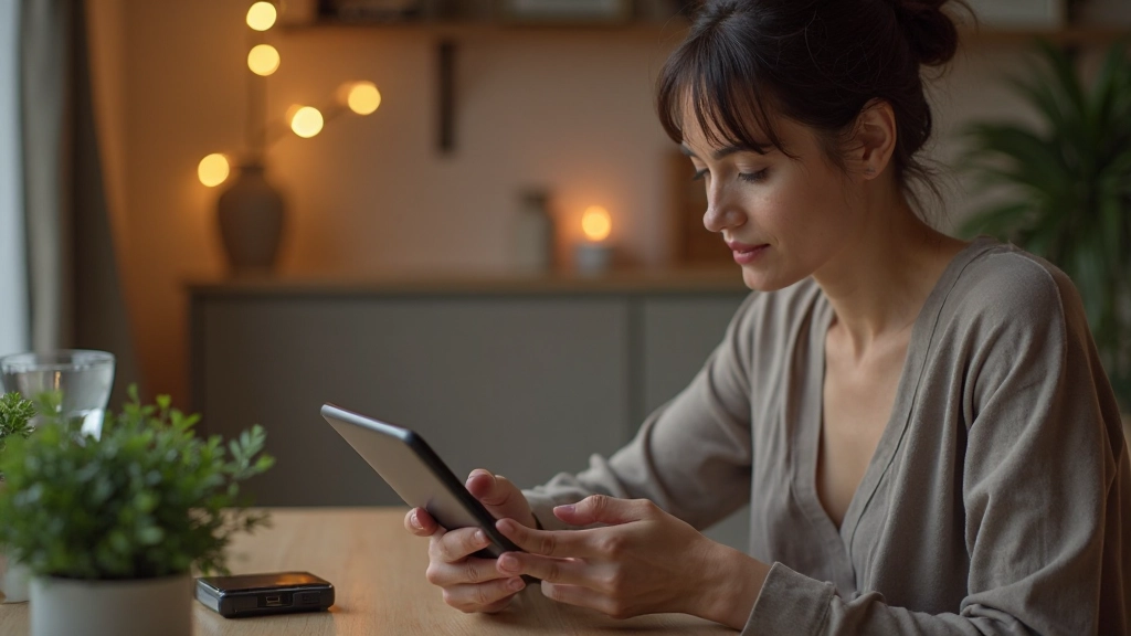 Vrouw aan het werken met financiële applicatie op tablet in huiselijke omgeving