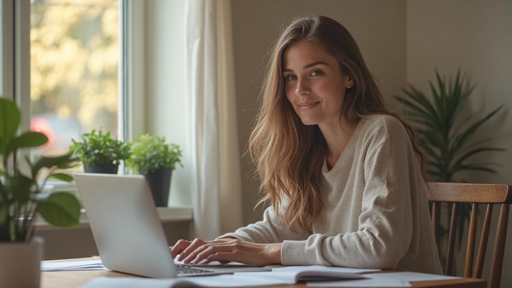 Vrouw voelt zich financieel zelfverzekerd, zittend aan tafel met laptop en financiële documenten, ontspannen houding, natuurlijk licht