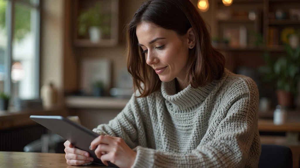 Vrouw bestudeert haar uitgaven op een tablet, serieus geconcentreerd op financiën