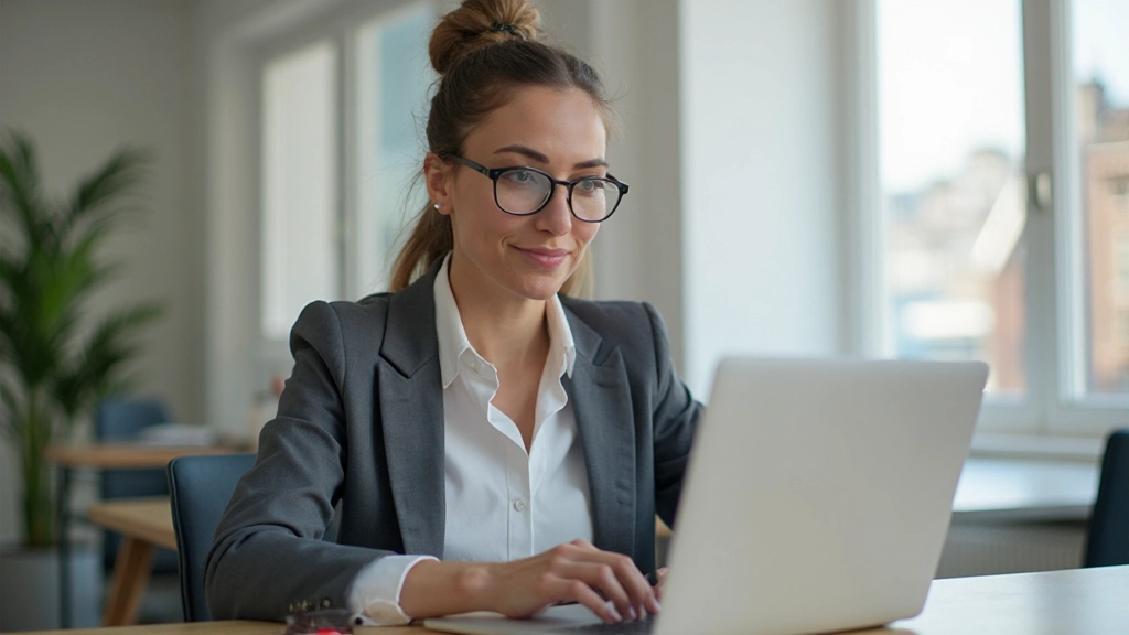 Vrouw van 35 jaar, volledig gekleed in professionele kleding, aan het werken op laptop in heldere werkruimte
