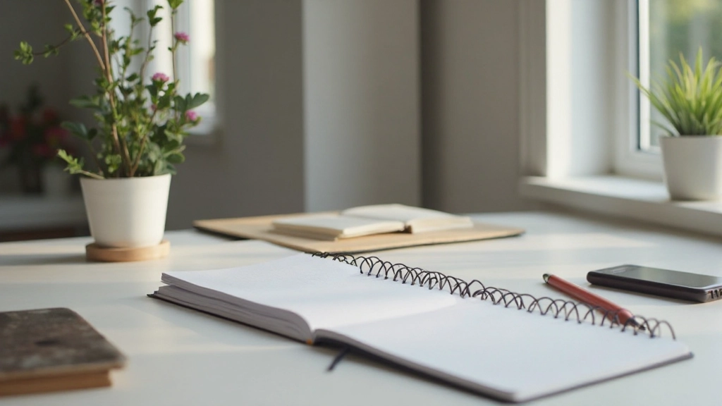 Werkplek met notitieboek en pen, voorbereiding voor budgetplanning