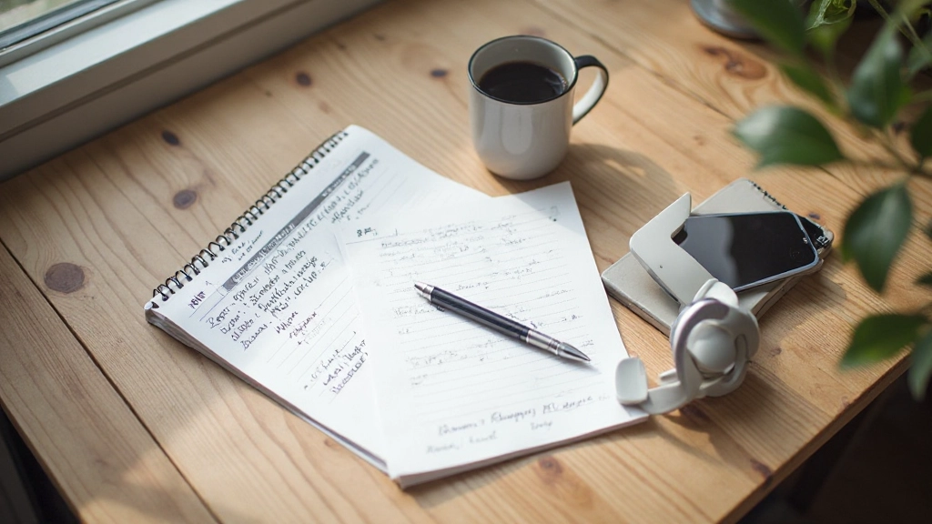 Bureauruimte met notitieboekje, pen en kopje koffie op houten tafel